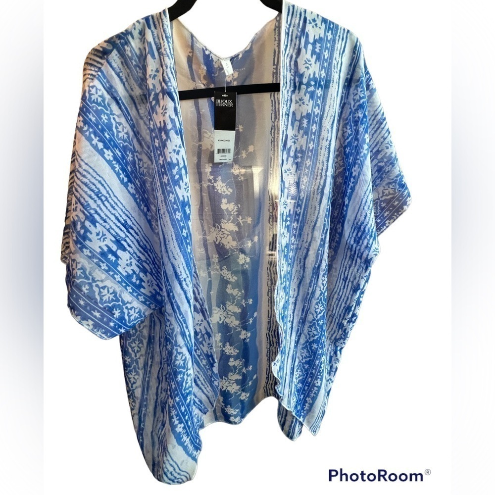 𝅺nwt Bijoux Terner Women’s Blue and White Kimono Swimsuit Cover Up Sz S/M